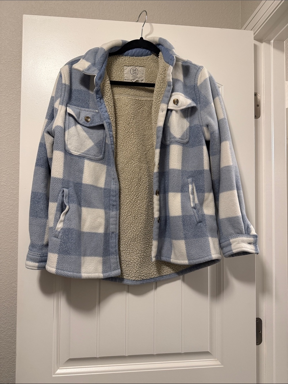 Women's Blue & White Plaid Teddy Jacket with Sherpa Lining